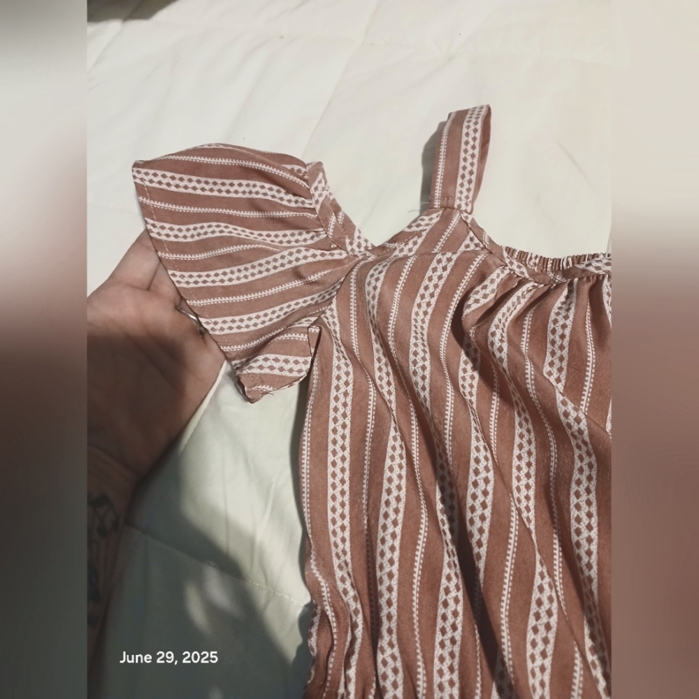 Striped Dusty Rose and White Ruffle Sleeve Romper.